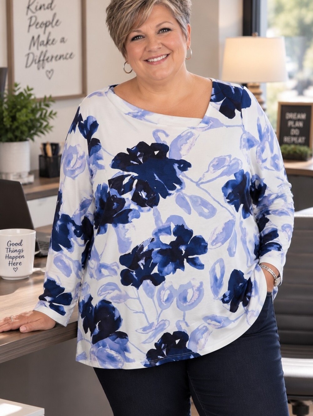 JustFashionNow Blue and White Floral Long Sleeve Tunic w/Assemetrical Neckline.